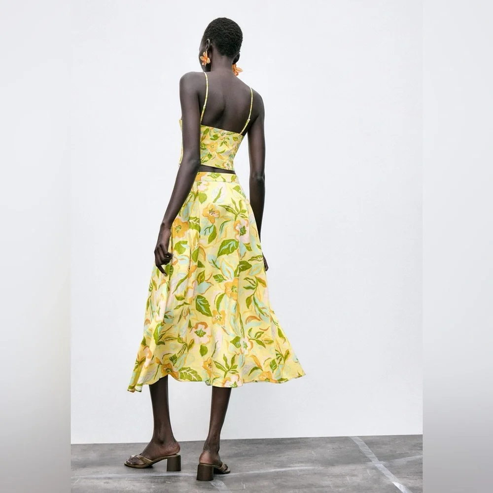 🌼 ZARA Printed Linen Crop Top Bustier Neckline Skirt Set Yellow Floral Print XS - Picture 3 of 16